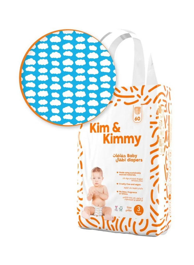 Kim & Kimmy KimandKimmy Little Clouds Comfort Tape Style Diapers Size 3, Secure Fit 6-12 kg - 60 Pieces, Leak Protection - Image 1
