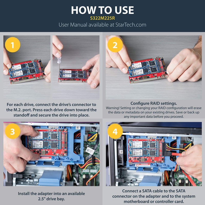 StarTech.com M.2 to SATA Adapter - Dual Slot - for 2.5in Drive Bay - RAID - M.2 SSD - M.2 Adapter - M.2 SSD Adapter , TAA (S322M225R) - Image 4