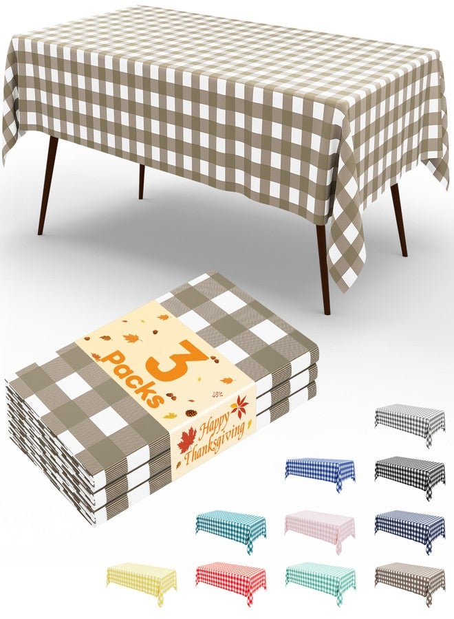 Smiry 3 Packs Gingham Disposable Table Cloth, 54 x 108 Inch Waterproof Plastic Tablecloth, Rectangle Khaki and White Checkered Table Covers for Picnic, Birthday, Party - Image 1