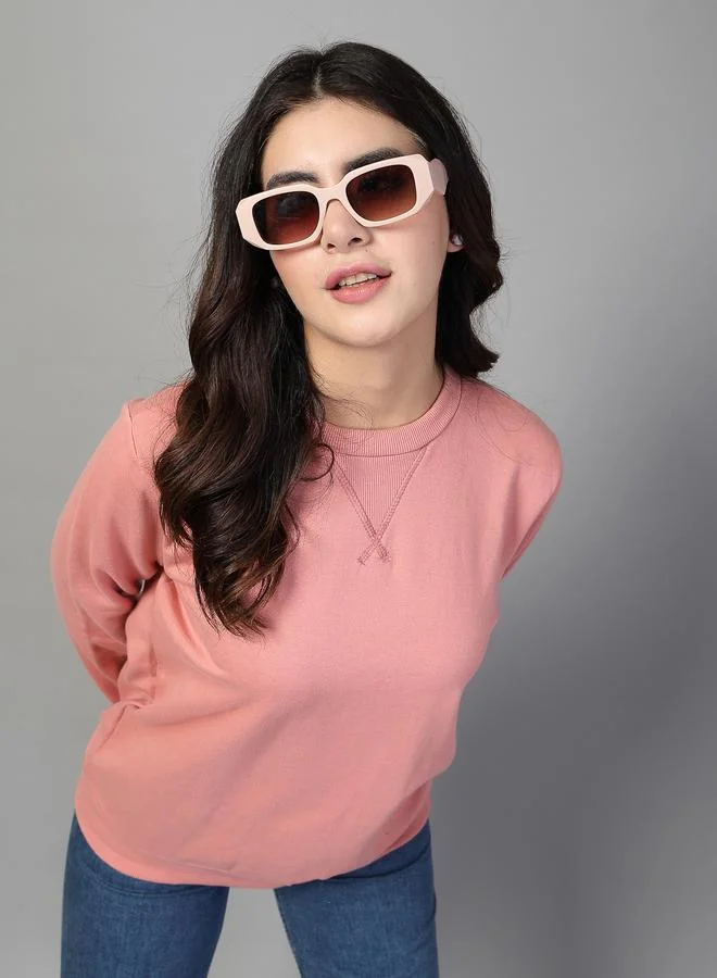 تايك تو سويت شيرت أساسي صوف مبطن بتفاصيل خياطة لون خوخي