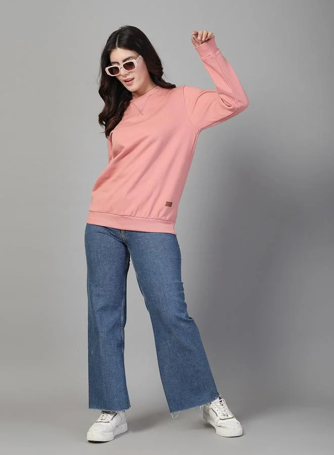 تايك تو سويت شيرت أساسي صوف مبطن بتفاصيل خياطة لون خوخي