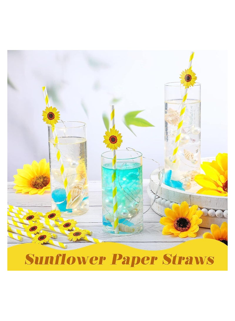 كاست ويف Sunflower Paper Disposable Straws, Tea Party Birthday Party Decorations, Biodegradable Flower Straws for Birthday Party Supplies, 100 Pcs - Image 2
