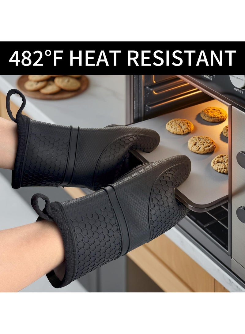Flushrenic Silicone oven gloves, heat resistant, soft non-slip oven gloves with cotton lining, essential for kitchen baking, cooking, barbecuing and oven use, 11.4 x 7.3 inches, black.  - Image 4