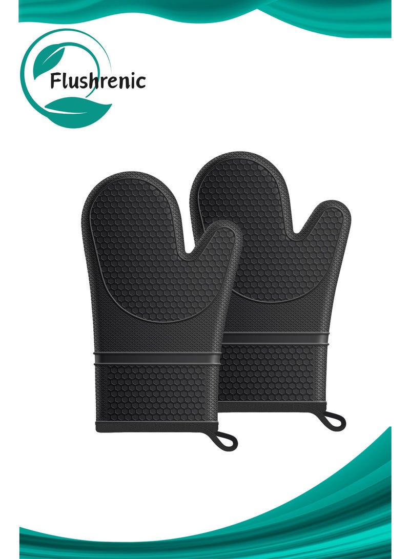 فلوشرينيك قفازات فرن سيليكون، مقاومة للحرارة، قفازات فرن ناعمة غير قابلة للانزلاق مع بطانة قطنية، ضرورية للخبز والطهي والشواء واستخدام الفرن، 11.4 × 7.3 بوصة، أسود. - Image 1