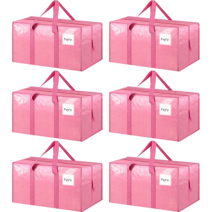 6 PACK EXTRA HEAVY DUTY LARGE MOVING BAGS WITH STRONG ZIPPER COMFORTABLE HANDLES STURDY DURABLE CLOTHES STORAGE BAGS TOTES BINS PACKING MOVING BOXES FOR COLLEGE SUPPLIES PINK