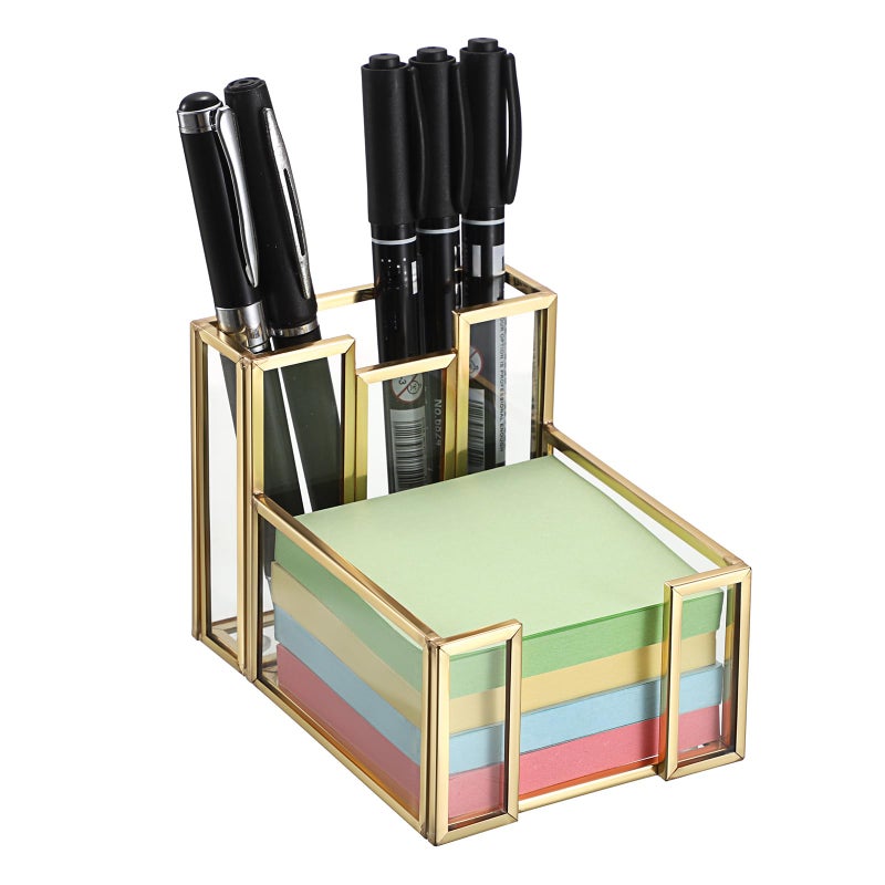 BTSKY Golden Glass Sticky Note Holder for 3x3 Inch Sticky Notes, Elegant Post It Note Dispenser with Non-Slip Pads Clear Notepad Holder for Desk Organization Planning, Home Office Decor - Image 1