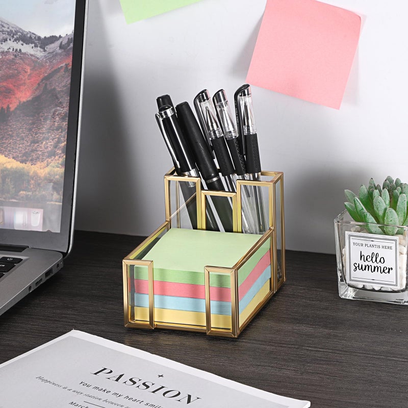 BTSKY Golden Glass Sticky Note Holder for 3x3 Inch Sticky Notes, Elegant Post It Note Dispenser with Non-Slip Pads Clear Notepad Holder for Desk Organization Planning, Home Office Decor - Image 2
