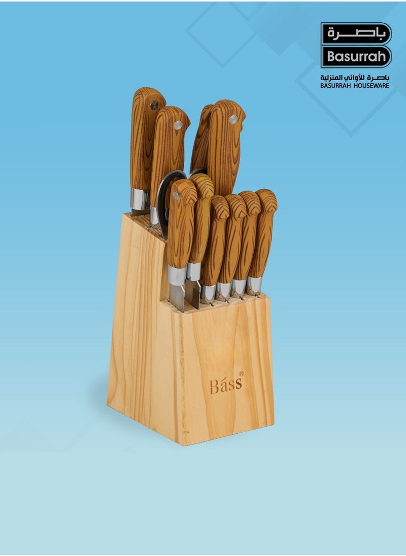 BASURRAH 14 Piece Wooden Kitchen Knife Set with Scissors and Stand  - Image 1