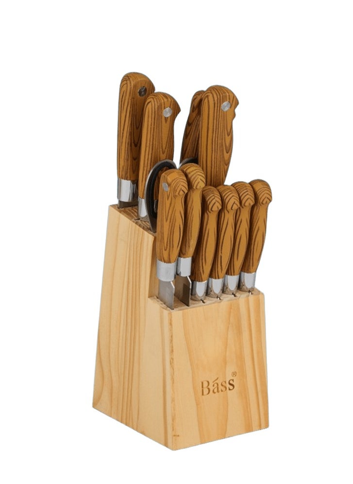 BASURRAH 14 Piece Wooden Kitchen Knife Set with Scissors and Stand  - Image 2