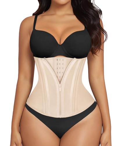 SHAPERX Waist Trainer for Women Underbust Corset Shapewear Tummy Control Workout Waist Cincher Body Shaper Zipper and Hooks, SZ7310-Beige-L - Image 1