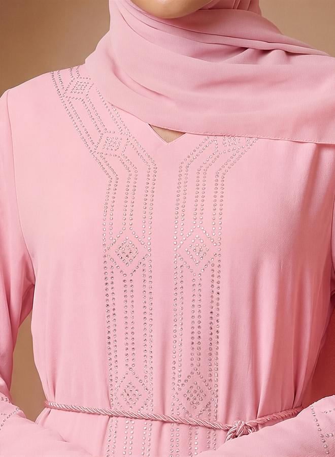 globus Women Pink Embellished Abaya with Hijab - Image 4