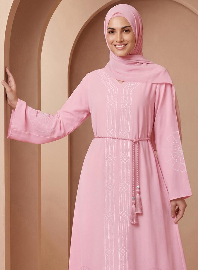 globus Women Pink Embellished Abaya with Hijab - Image 5