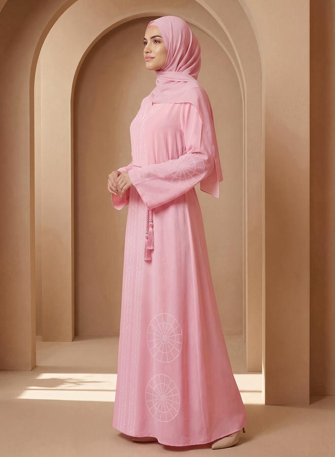 globus Women Pink Embellished Abaya with Hijab - Image 2