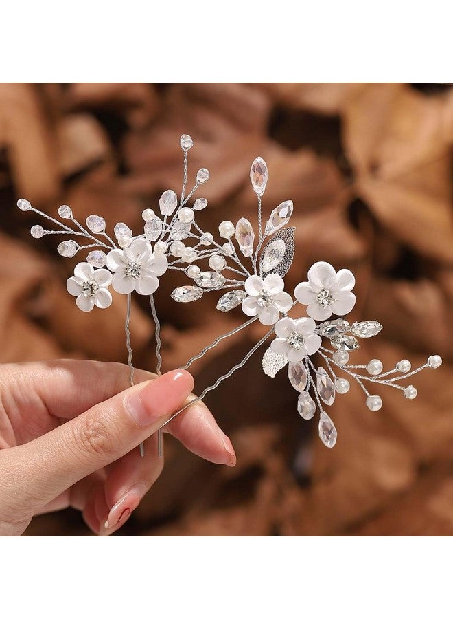 GORAIS Flower Bride Wedding Hair Pins Silver Rhinestone Bridal Hair Pieces Pearl Hair Clips Hair Accessories For Women And Girls (Pack Of 2) - Image 1