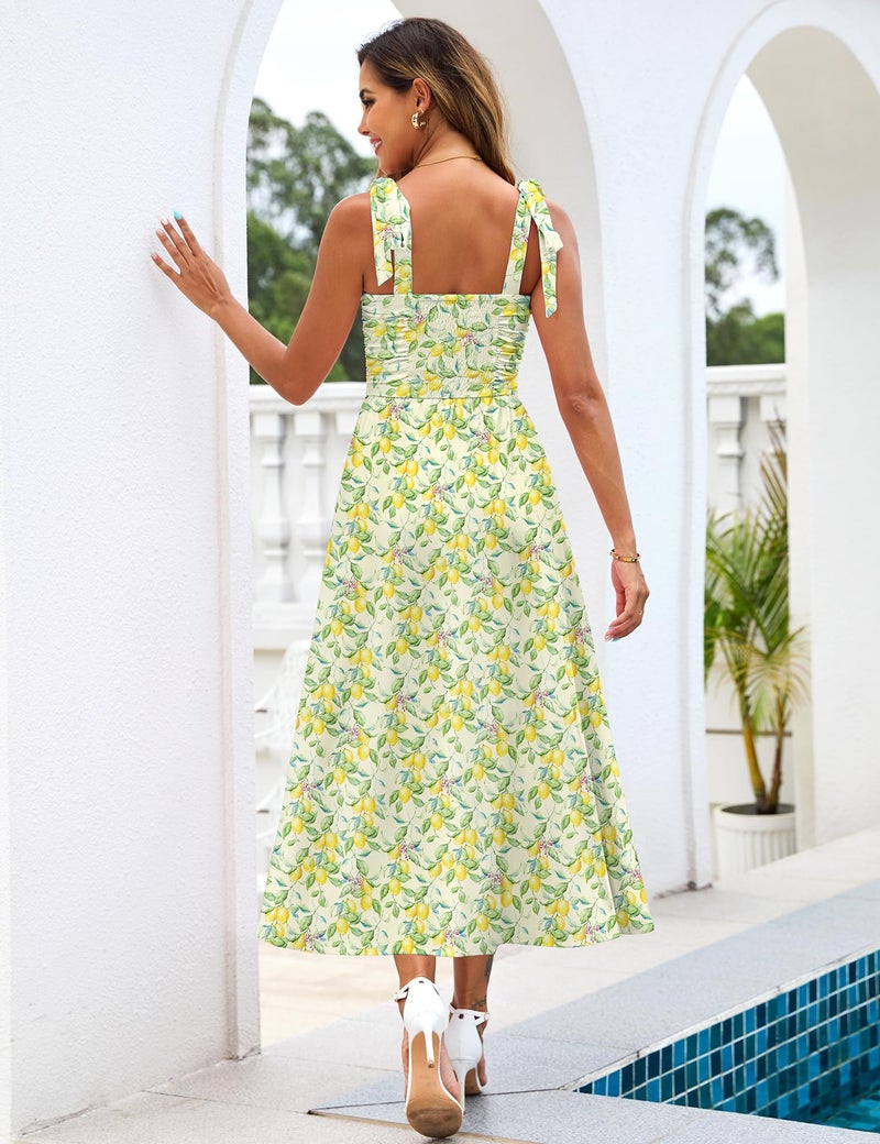Zattcas Womens 2026 Summer Spaghetti Strap Floral Maxi Dress with Pockets Square Neck Sleeveless Petite Flowy Long Sundresses Beach Vacation Wedding Guest Dresses Lemon S - Image 4