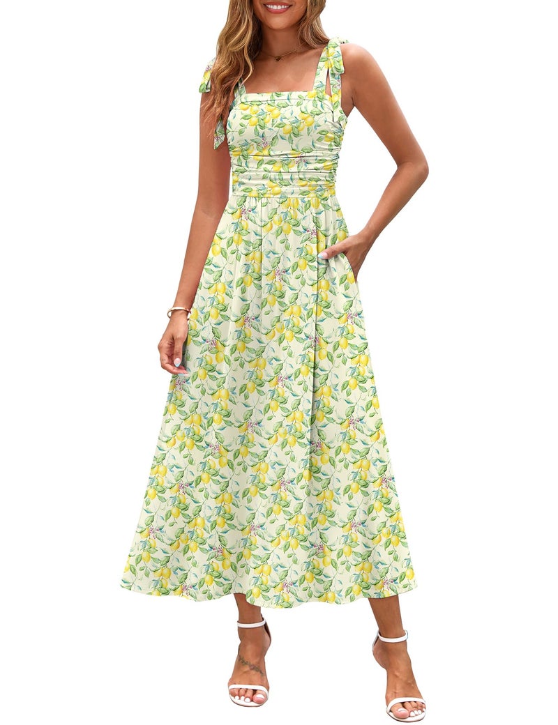 Zattcas Womens 2026 Summer Spaghetti Strap Floral Maxi Dress with Pockets Square Neck Sleeveless Petite Flowy Long Sundresses Beach Vacation Wedding Guest Dresses Lemon S - Image 1