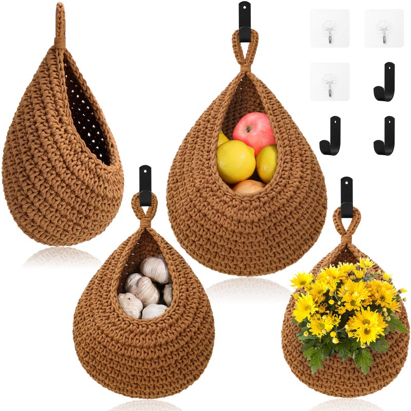 OGOTEZ Hanging Fruit Baskets for Kitchen - 3 Pack Boho Wall Hanging Basket with 6 Pcs Strong Hooks, Handwoven Hanging Holder Teardrop Home Produce Basket for Fruits Vegetable Potato Onion Storage (Linen) - Image 1