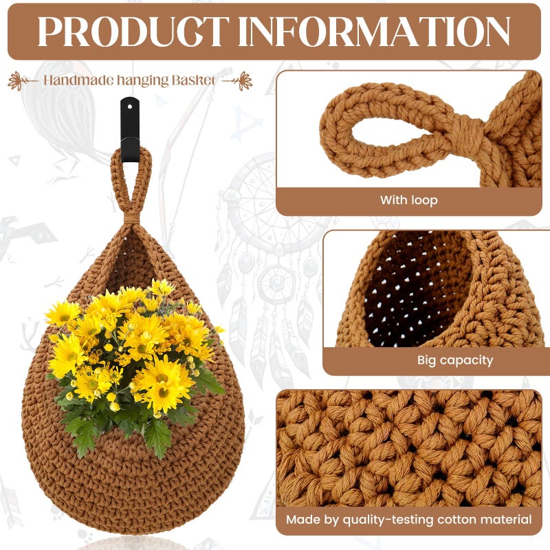 OGOTEZ Hanging Fruit Baskets for Kitchen - 3 Pack Boho Wall Hanging Basket with 6 Pcs Strong Hooks, Handwoven Hanging Holder Teardrop Home Produce Basket for Fruits Vegetable Potato Onion Storage (Linen) - Image 3