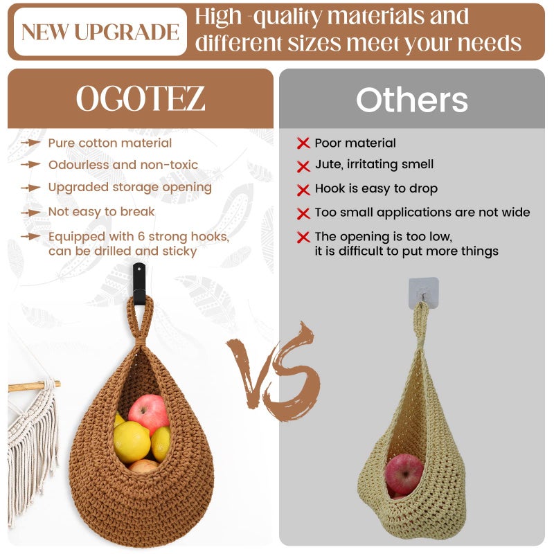 OGOTEZ Hanging Fruit Baskets for Kitchen - 3 Pack Boho Wall Hanging Basket with 6 Pcs Strong Hooks, Handwoven Hanging Holder Teardrop Home Produce Basket for Fruits Vegetable Potato Onion Storage (Linen) - Image 2
