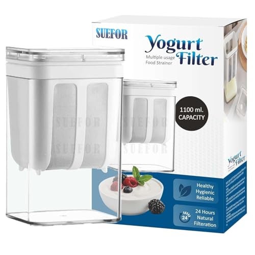 SUEFOR 1100ml Yogurt Filter Strainer & Greek Yogurt Maker - Multi-Functional Curd Strainer, Hung Curd Maker with Fine Mesh Bag & Lid for Homemade Greek Yogurt, Curd and Cheese, 10.8X9X17.6 Cm, White - Image 1