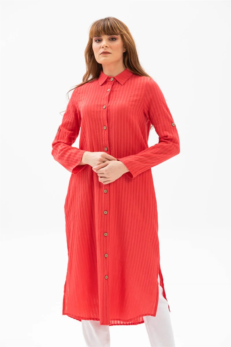 Eliş Şile Bezi Long Sleeve Collar Seeker Tunic Coral Mrcn