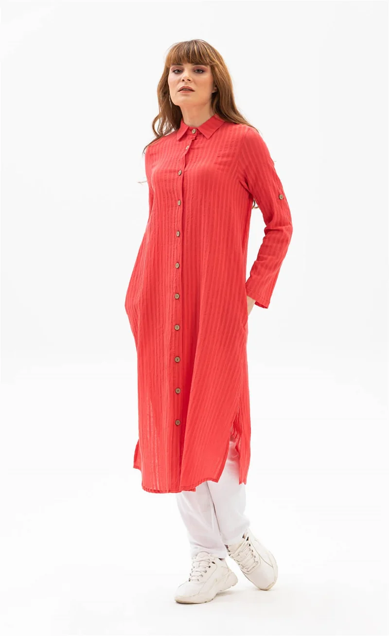 Eliş Şile Bezi Long Sleeve Collar Seeker Tunic Coral Mrcn