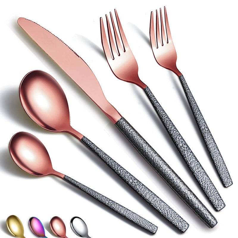 HOMQUEN Silverware Set 20 Pieces Rose Gold Head Coating With Black Mars Handle Stainless Steel Copper Titanium Plating Knives Spoons Forks Flatware Set Utensils Set Cutlery Set Service For 4 