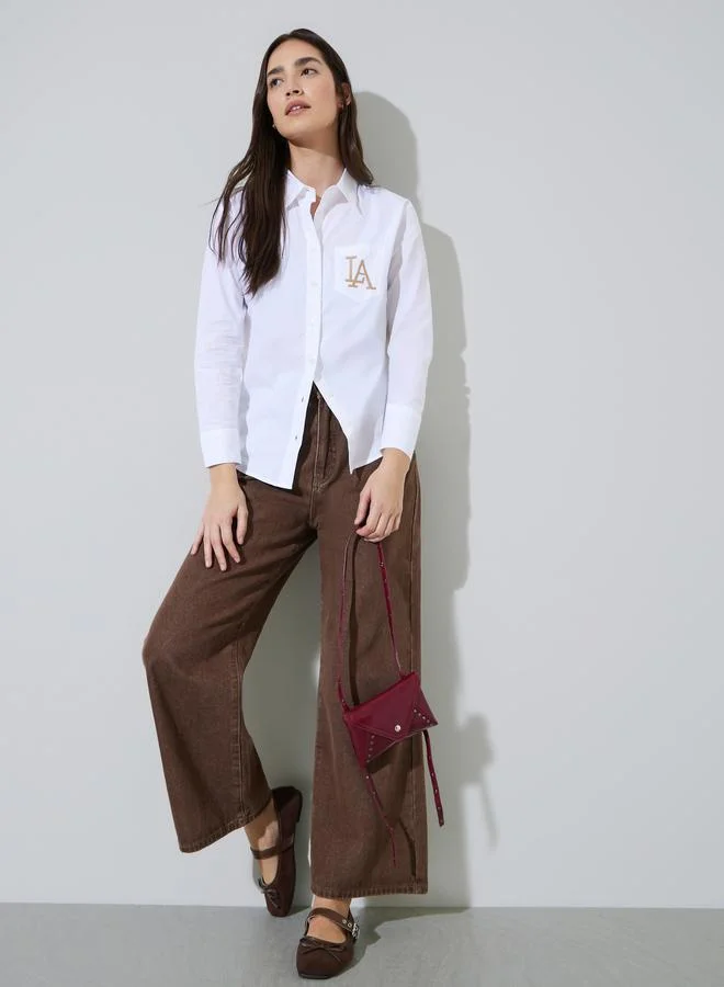 Styli Off White Solid Embroidered Chest Pocket Relaxed Fit Shirt