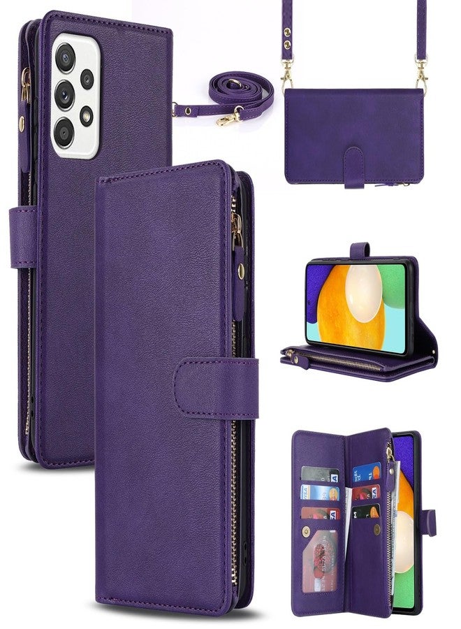 iCoverCase for Samsung Galaxy A52 5G Wallet Case with Card Holder for Women, Crossbody Lanyard Strap Kickstand PU Leather Case with Zipper Pocket Credit Card Slots Cover (Purple) - Image 1