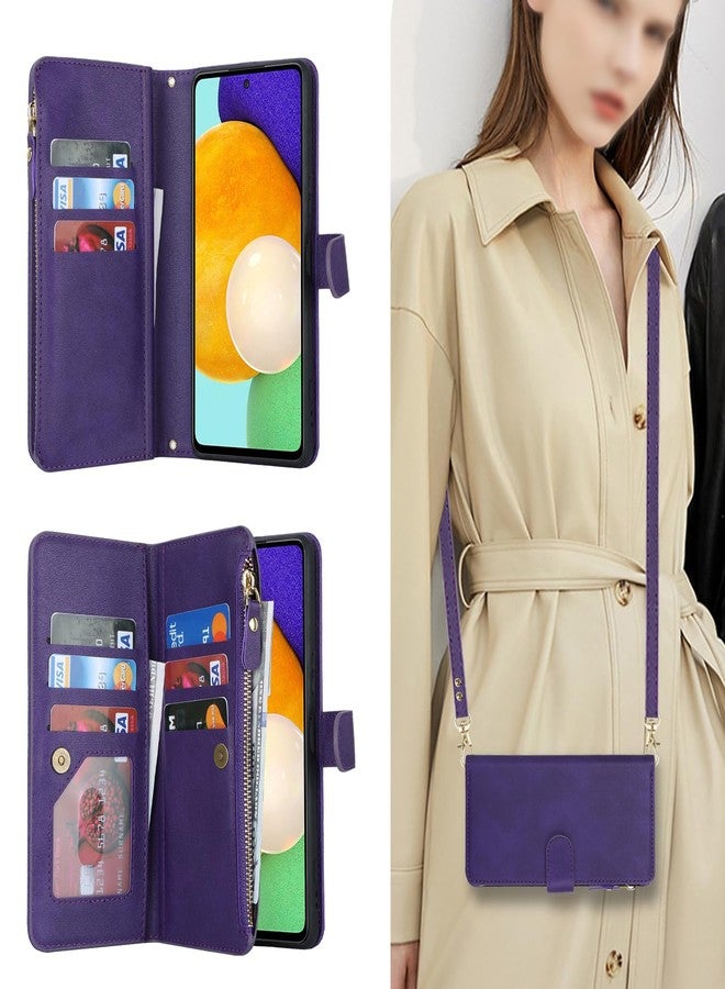 iCoverCase for Samsung Galaxy A52 5G Wallet Case with Card Holder for Women, Crossbody Lanyard Strap Kickstand PU Leather Case with Zipper Pocket Credit Card Slots Cover (Purple) - Image 3
