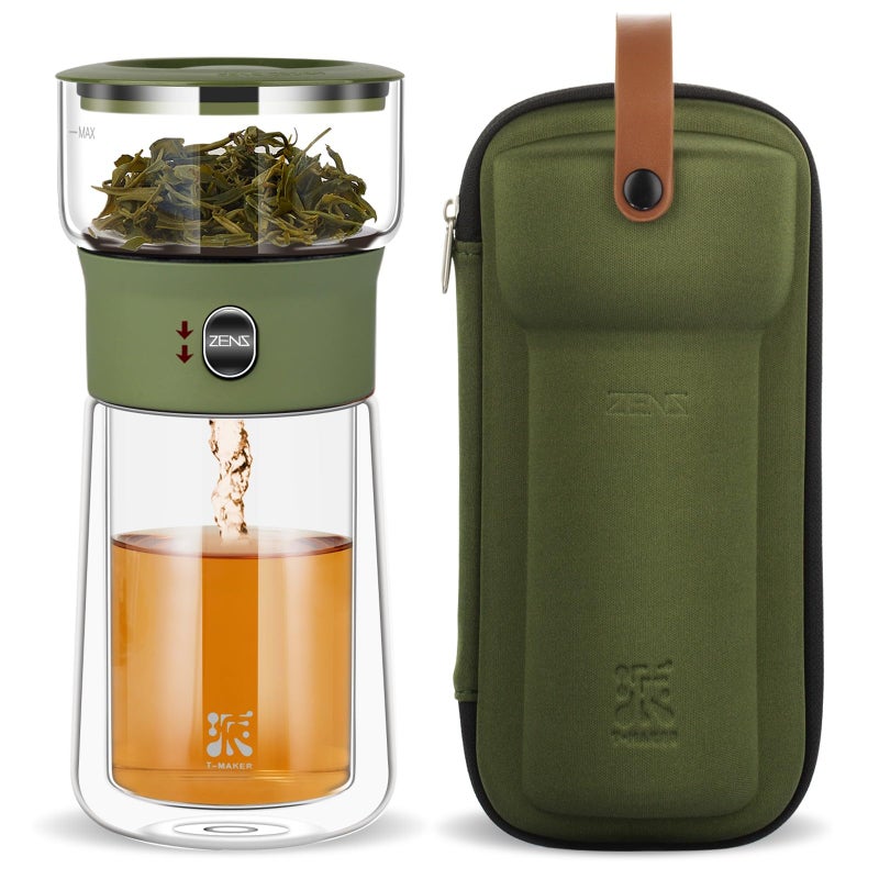 ZENS Modern Glass Infuser Teapot Smart One Touch Tea Maker for Loose Tea Diffusers with Insulated Mug and Portable Case Enchanted Teapot Alternatives for Tea Lover Gifts