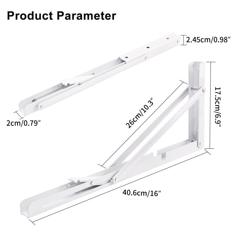 YUMORE Folding Shelf Brackets, 16 Inch Heavy Duty Collapsible Shelf Bracket, White DIY L Bracket for Workbench Folding Table Hinge, Max Load: 330lb, Pack of 2 - Image 2