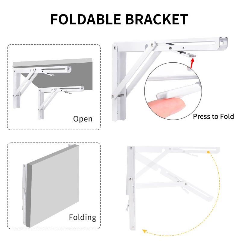 YUMORE Folding Shelf Brackets, 16 Inch Heavy Duty Collapsible Shelf Bracket, White DIY L Bracket for Workbench Folding Table Hinge, Max Load: 330lb, Pack of 2 - Image 3