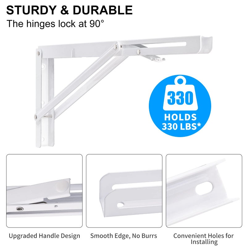 YUMORE Folding Shelf Brackets, 16 Inch Heavy Duty Collapsible Shelf Bracket, White DIY L Bracket for Workbench Folding Table Hinge, Max Load: 330lb, Pack of 2 - Image 4