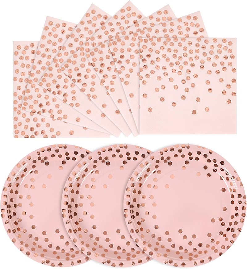 CENLBJ Pink and Rose Gold Paper Plates-50 Pack- 25 * 7inch Paper Plates & 25 * 6.5inch Napkins,Pink Plates and Napkins Party Supplies for Birthdays,Baby Showers and All Occasions - Image 1