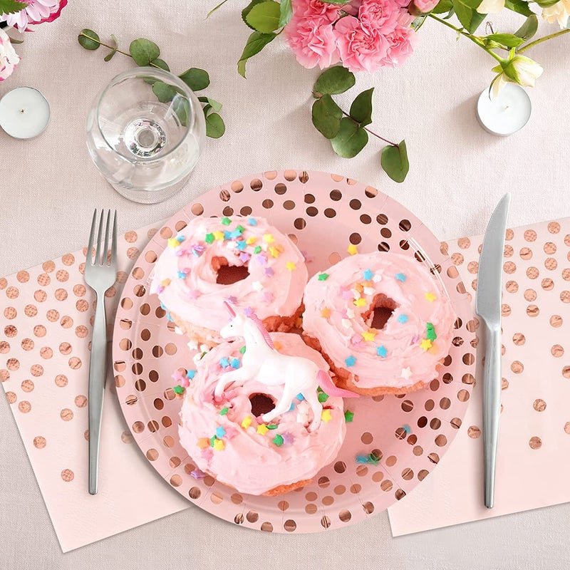 CENLBJ Pink and Rose Gold Paper Plates-50 Pack- 25 * 7inch Paper Plates & 25 * 6.5inch Napkins,Pink Plates and Napkins Party Supplies for Birthdays,Baby Showers and All Occasions - Image 3