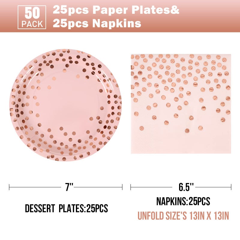 CENLBJ Pink and Rose Gold Paper Plates-50 Pack- 25 * 7inch Paper Plates & 25 * 6.5inch Napkins,Pink Plates and Napkins Party Supplies for Birthdays,Baby Showers and All Occasions - Image 2