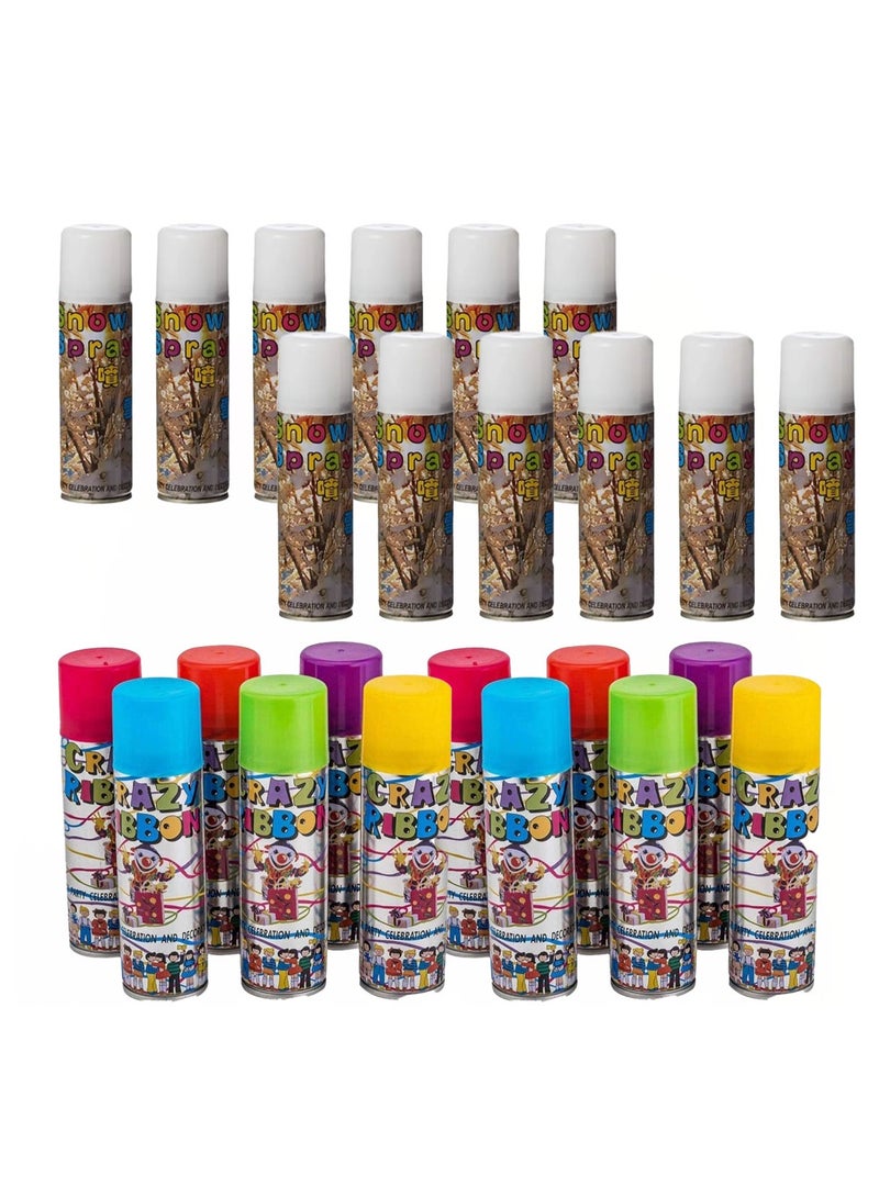 BEYTOR Party Spray Combo Pack 24 Pcs – 12 Snow Spray + 12 Colored Crazy Ribbon String Spray for Kids Parties, Events & Decorations - Image 1