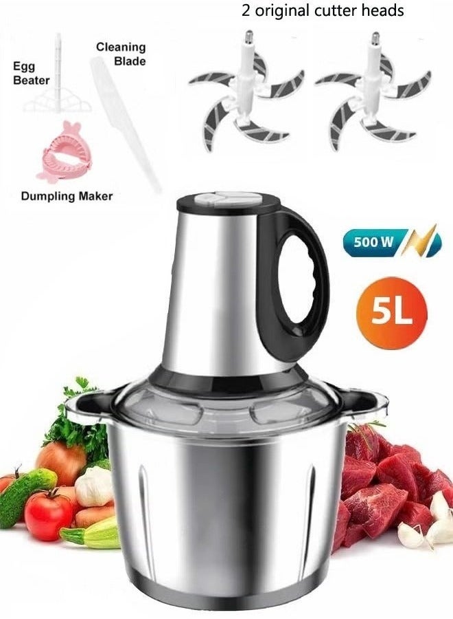3 Speed 500w Electric Food Shredder Meat Grinder - 5l304 Stainless Steel Bowl +2 Original 5-Leaf Mixing Knives
