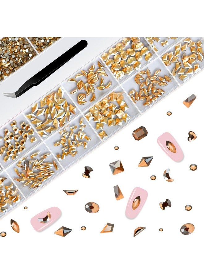 Molisaka Nail Rhinestones Set Multi Shapes Champagne Gold Rhinestones For Nails Mixed Size Nail Charms Flatback Nail Jewels Rhinestones With Wax Pencil And Tweezers Storage In Rinestones Set Box - Image 4