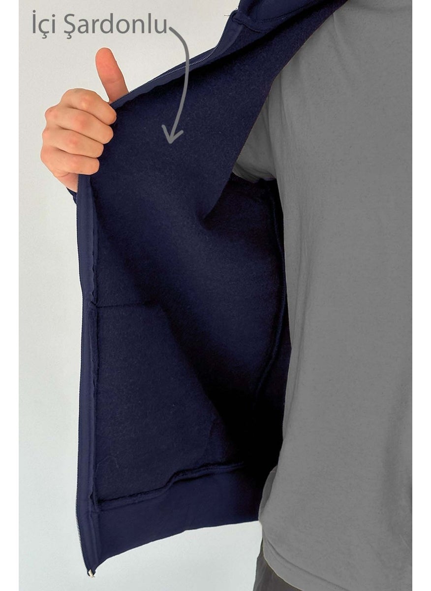 Men's Premium Fabric Three Thread Raised Hooded Single Top Reu-01 Navy Blue