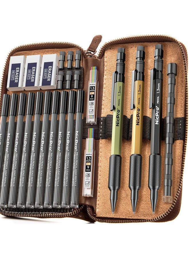 Nicpro 21Pcs 1.3 Mm Mechanical Pencil Set In Leather Bag With 138 Lead Refill Black & Colors, Erasers- Weatherproof Metal Heavy Duty Carpenter Pencil For Outdoor Drafting Marking Drawing Woodworking  - Image 1