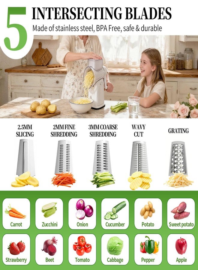 iETH Rotary Cheese Grater Hand Crank - Cheese Shredder with 5 Blades & Storage Room, Easy to Clean, Stable Suction, Labor-Saving Handle, Rotary Grater Slicer for Fruit, Vegetables, Nuts, Chocolate - Image 3