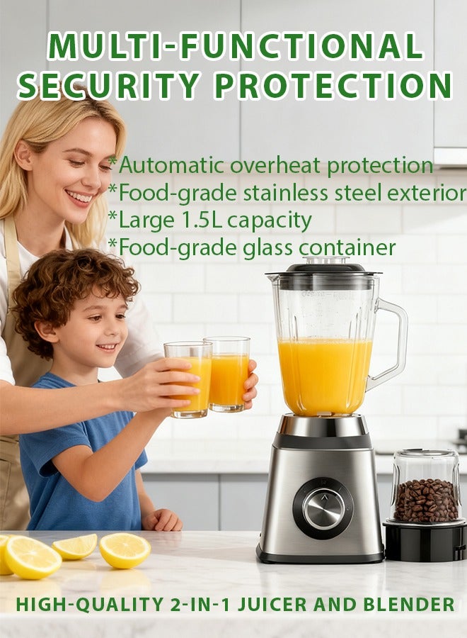 باندا خلاط ومطحنة 2 في 1 محرك عالي الطاقة 450 وات شفرات من الفولاذ المقاوم للصدأ 304 وعاء زجاجي سعة 1.5 لتر ومطحنة جافة سعة 0.3 لتر تحكم بسرعتين حماية من الحرارة الزائدة آمن للاستخدام في الطعام سهل التنظيف للعصائر والميلك شيك والتوابل الهندية - Image 2