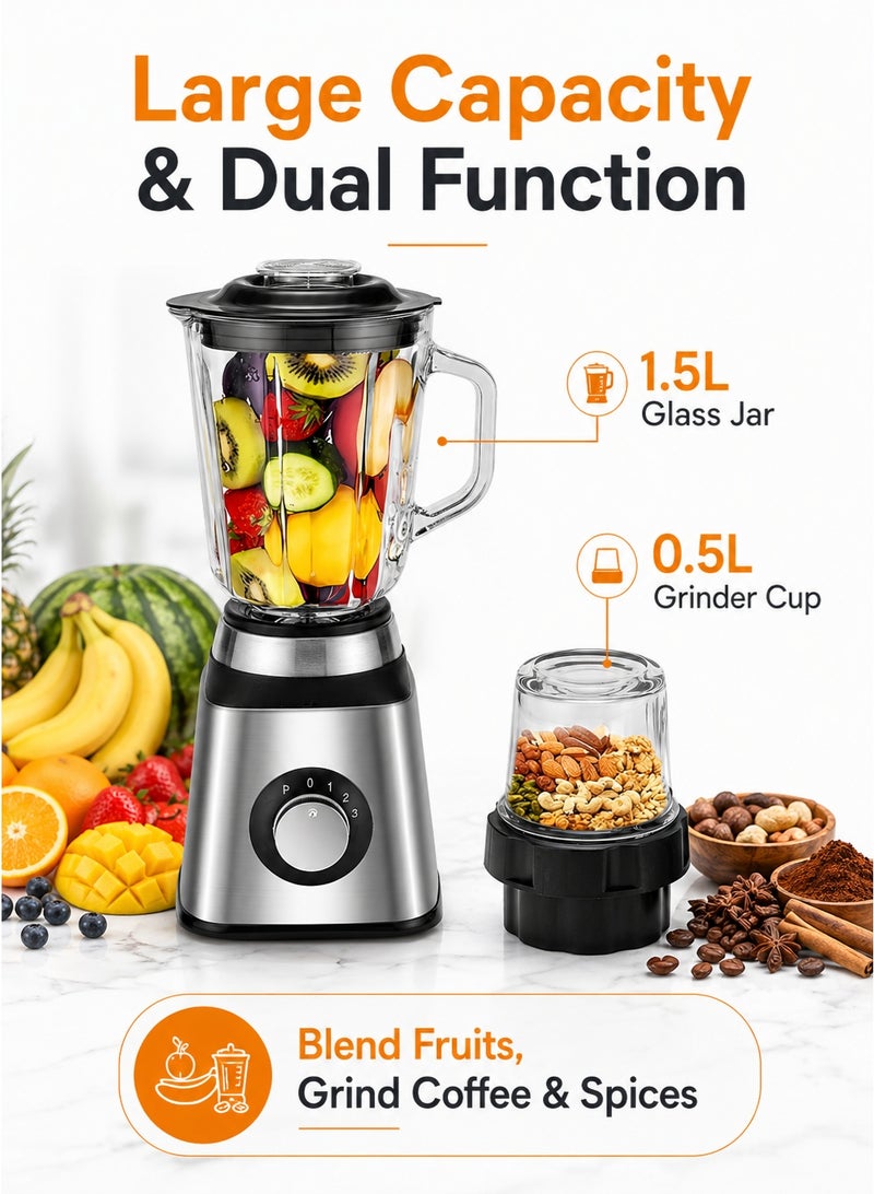 Panda 2-in-1 Electric Blender & Grinder, 450W Heavy Duty Motor, 1.5L Glass Jar & 0.5L Mill, Stainless Steel 6-Blades for Smoothies, Coffee & Spices - Silver - Image 3