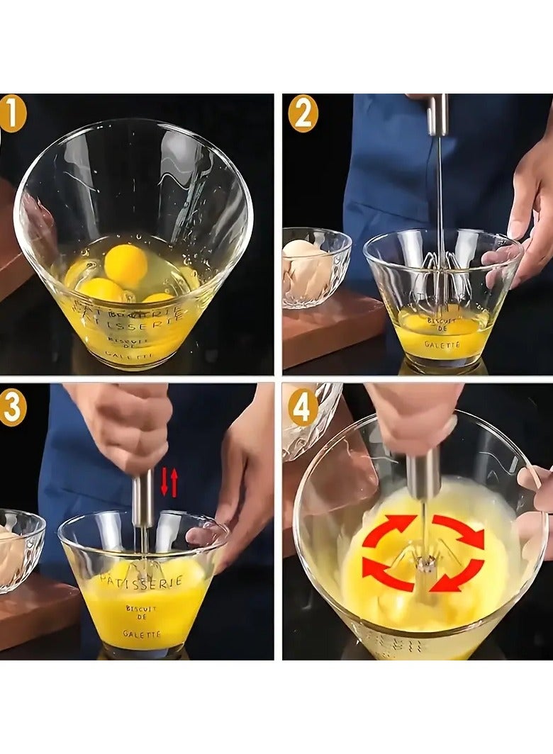 NIBEMINENT Multifunctional Stainless Steel Whisk & Milk Frother, Home Baking Tools, Cream Egg Hand Blender, Household Push Blender Blender - Egg Whisk, Milk Frother, Hand Push Blender Blender Multi-Tool  - Image 2