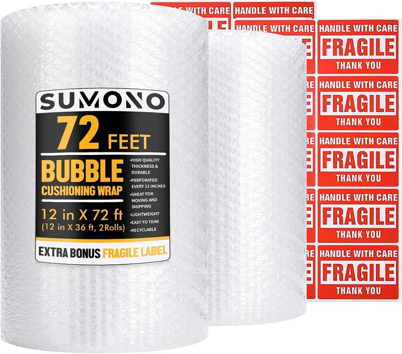 sumono Bubble Cushioning Wrap Roll, 12 Inch x 72 Feet Total [2 Rolls of 36 Feet] Bubble Roll Perforated 12 Inch Included 20 Fragile Sticker Label - Image 1