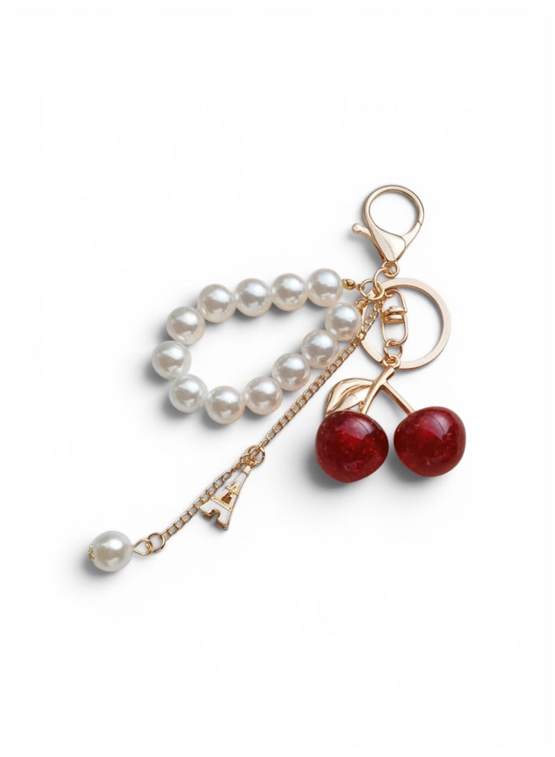 Aura Style Cute Red Cherry Keychain and Bag Charm for Women and Girls, Trendy Pearl Pendant Car Key Ring, Acrylic/Gold