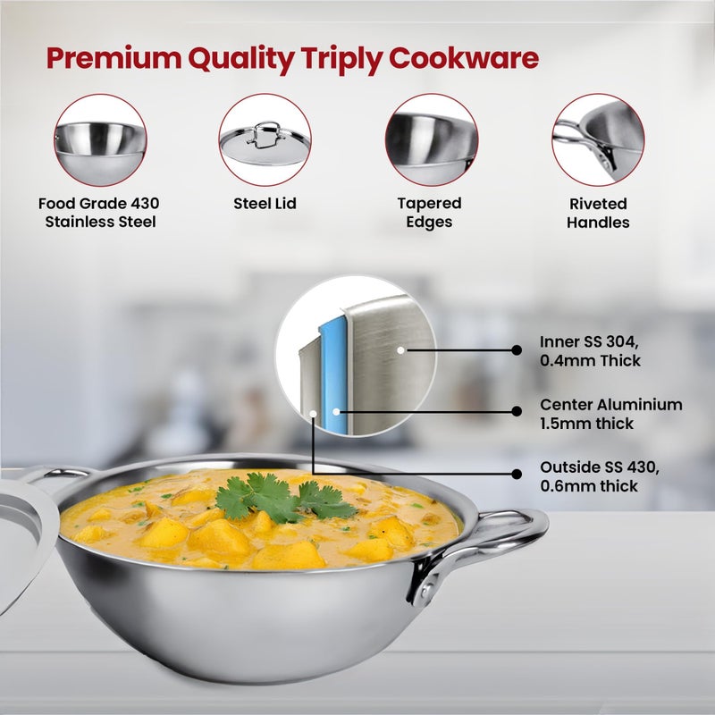 Homestic 2.2L Stainless Steel Triply Frying Pan | Kadai for Cooking with Handle & Lid | Deep Fry Cookware Wok for Kitchen | Gas & Induction Base Cooking Chinese Karahi | Silver - Image 2