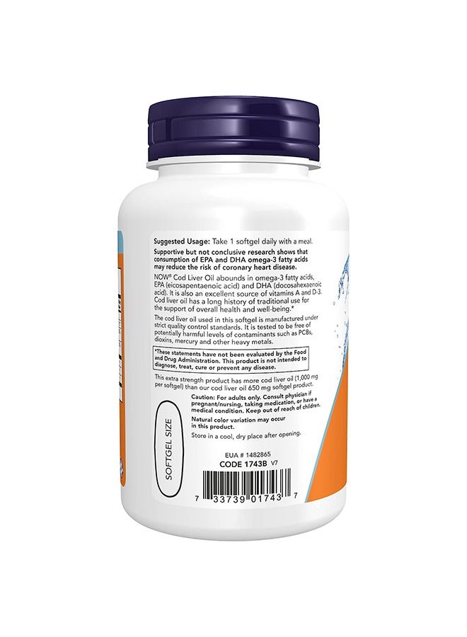 now Cod Liver Oil Extra Strength 1000 mg 90 Softgels - Image 3